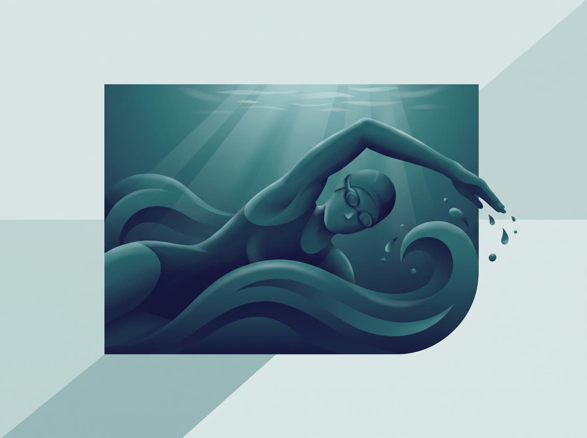 Stylized duotone illustration of a swimmer rolling through the freestyle stroke, body and wave flowing together