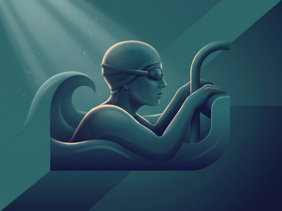Stylized duotone illustration of a swimmer pausing at the pool edge, where between set fueling happens